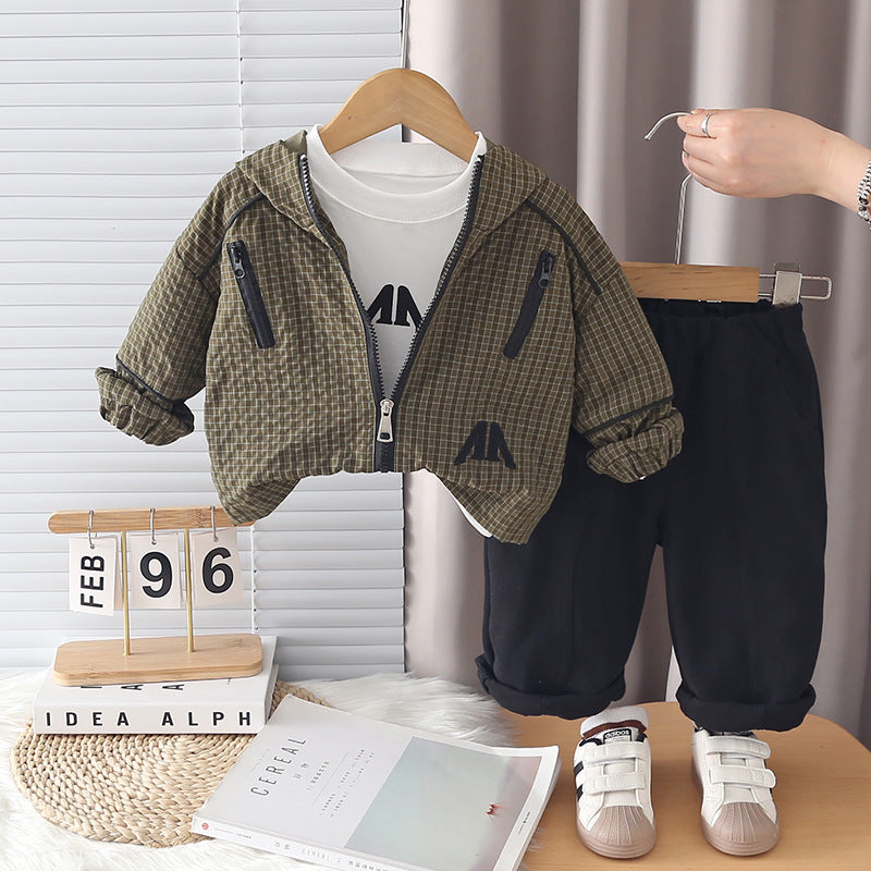 Baby Spring and Autumn hooded sports long sleeved three piece set