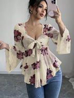 Sweet Floral Ombre Tie-Back Square Neck Long Sleeve Blouse