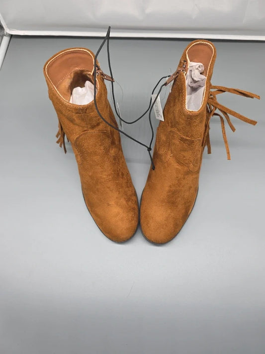 Cognacbraune Damen-Stiefeletten mit Fransen Vorderseite Größe 38