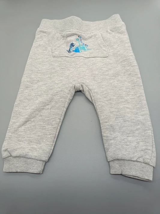 Hellgraue Baby-Jogginghose mit Dinosaurier-Print in Größe 74, Vorderseite