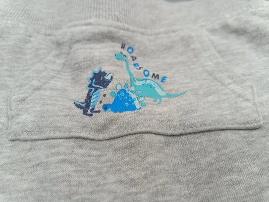 Detailaufnahme des Dinosaurier-Motivs auf der Tasche der hellgrauen Baby-Jogginghose