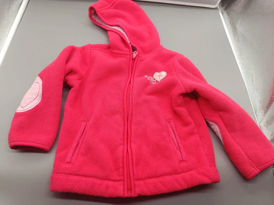 Pinkfarbene Kinder-Fleecejacke mit Kapuze und Herzdetails in Größe 98, Rückansicht