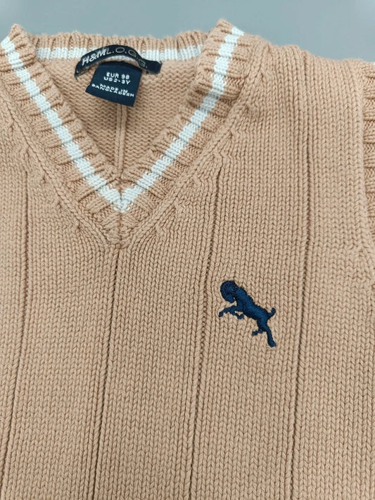 Detailaufnahme des dunkelblauen Pferde-Motivs und des V-Ausschnitts der beigen Strickweste