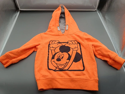 Oranger Disney-Mickey-Mouse-Hoodie mit großem Motiv und Kapuze in Größe 86