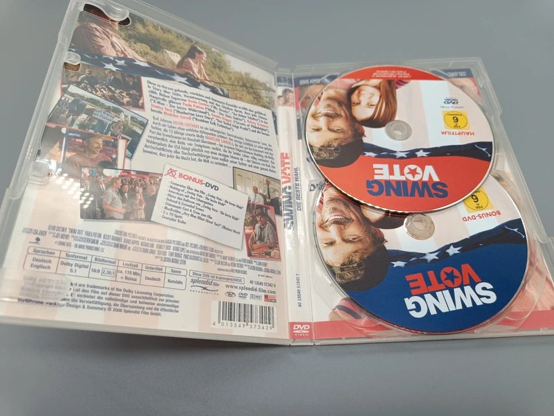 Swing Vote DVD, geöffnete Hülle mit Hauptfilm und Bonus-DVD