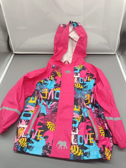 Bunte Kinder-Regenjacke Größe 98/104 mit Kapuze, Elefanten und reflektierenden Details, Vorderseite