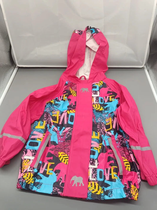 Bunte Kinder-Regenjacke Größe 98/104 mit Kapuze, Elefanten und reflektierenden Details, Vorderseite