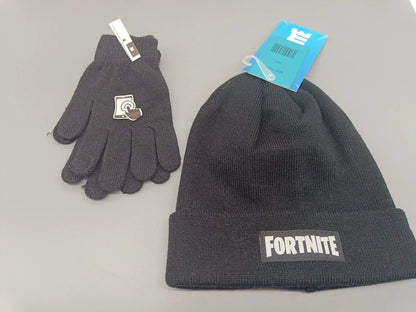 Schwarze Strickmütze mit FORTNITE-Schriftzug und schwarze Handschuhe als Set