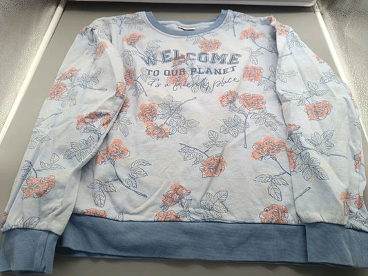 Hellblaues Pocopiano Sweatshirt Größe 146/152 mit apricotfarbenen Blumen, Vorderseite