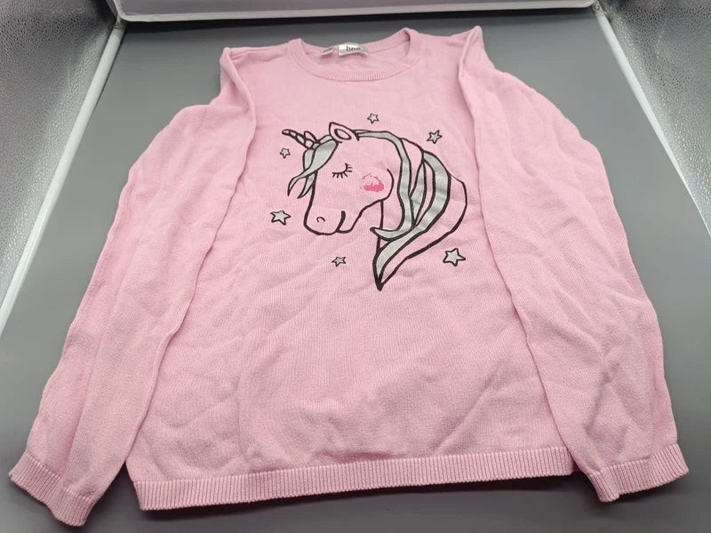 Roséfarbener b.p.c. bonprix collection Einhorn-Pullover Größe 140/146, Vorderseite
