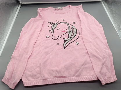 Roséfarbener b.p.c. bonprix collection Einhorn-Pullover Größe 140/146, Vorderseite