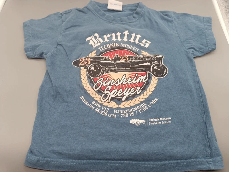 Blaues Safon T-Shirt Größe 122 mit Oldtimer- und Technik-Museen-Aufdruck, Vorderseite