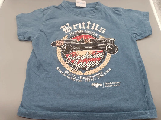 Blaues Safon T-Shirt Größe 122 mit Oldtimer- und Technik-Museen-Aufdruck, Vorderseite