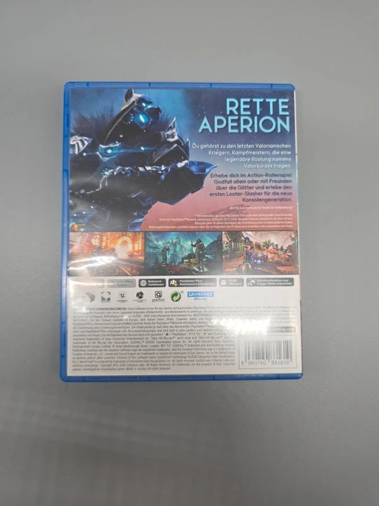 Rückseite der Godfall PS5-Spielhülle mit Spielinformationen
