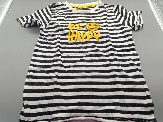 Schwarz-weiß gestreiftes Mädchen-T-Shirt mit Be-Happy-Motiv und Rüschenärmeln in Größe 122, Vorderseite