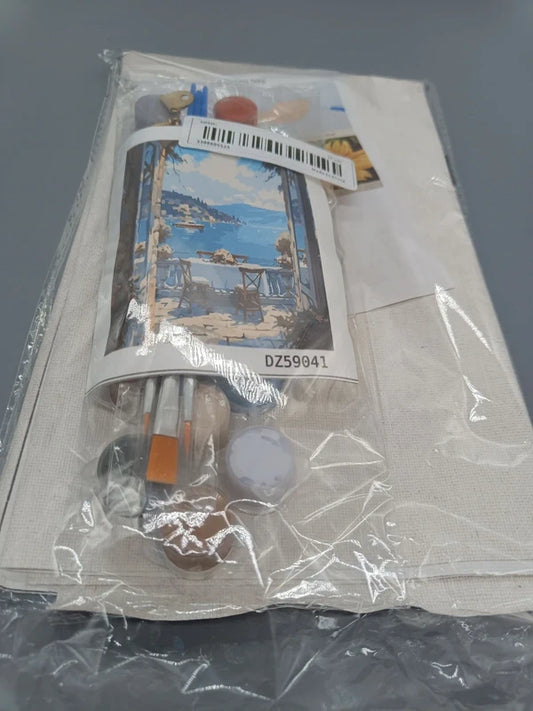 Neues Malen-nach-Zahlen-Set mit Küstenmotiv, Farben und Pinseln in Verpackung