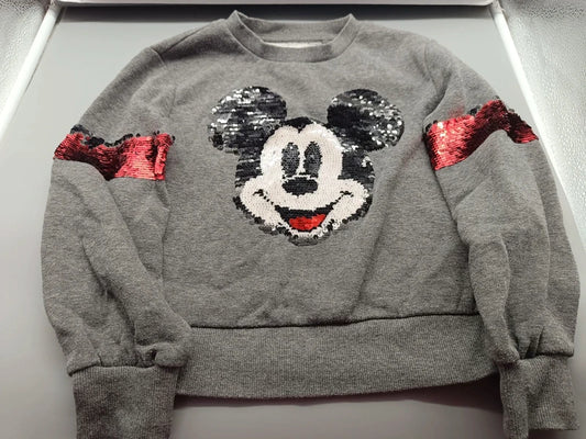 Graues Mädchen-Sweatshirt mit großem Mickey-Mouse-Paillettenmotiv in Größe 134, Vorderseite