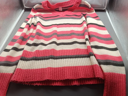 Gestreifter Strickpullover in Rosa, Grau, Creme und Schwarz, Größe M, Vorderseite