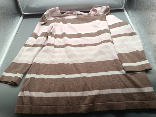 Braun-beige gestreiftes Damen-Strickkleid mit langen Ärmeln in Größe M, Vorderseite