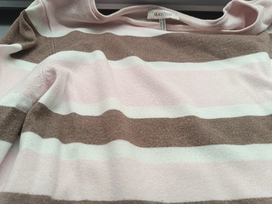 Detailaufnahme des braun-beige gestreiften Strickmusters am Damenkleid in Größe M