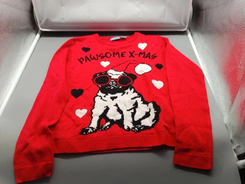 Vorderseite des roten Pepperts Strickpullovers Größe 134/140 mit Hund und Herzen