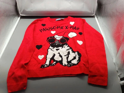 Vorderseite des roten Pepperts Strickpullovers Größe 134/140 mit Hund und Herzen