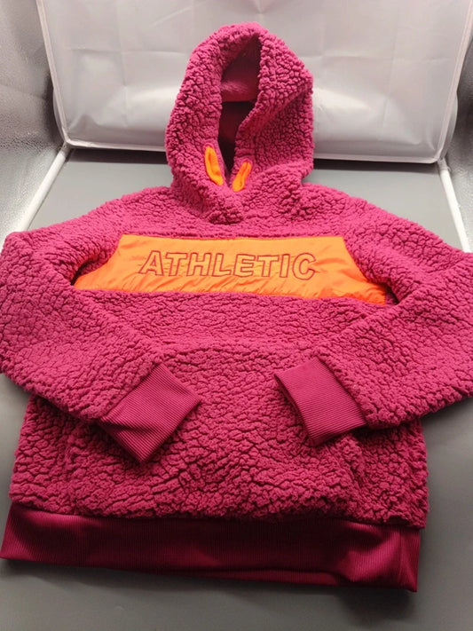 Pinkfarbener Teddy-Fleece-Hoodie mit ATHLETIC-Tasche in Größe 146, Vorderseite