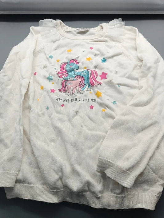 Weißes Mädchen-Sweatshirt mit Einhornmotiv und Glitzersternen in Größe 134, Vorderseite