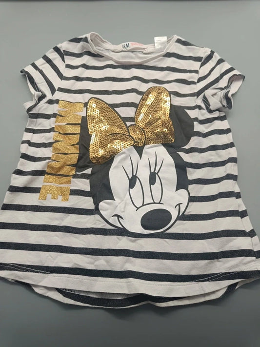 Gestreiftes H&M-Minnie-Mouse-Shirt in Größe 98 mit goldener Schleife, Vorderseite