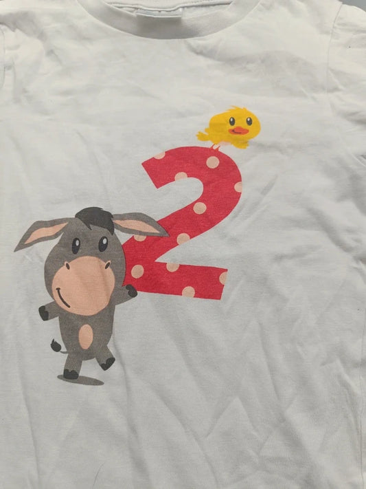 Detailaufnahme des Esel- und Entchenmotivs mit roter 2 auf dem weißen Mädchen-T-Shirt in Größe 98