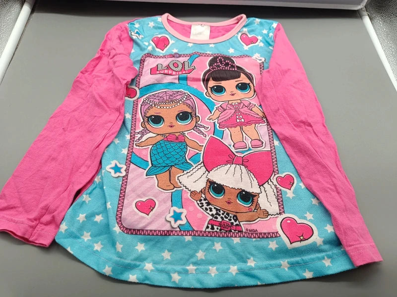 L.O.L. Surprise Kinder-Langarmshirt Größe 110 mit pinken Ärmeln und türkisfarbenem Figurenprint, Vorderseite