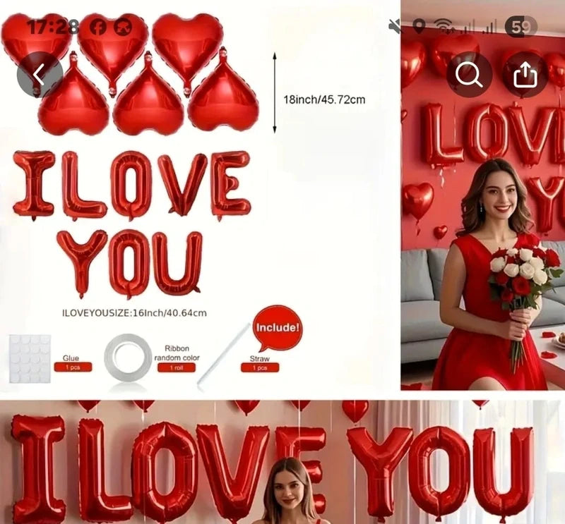 Dekorationsbeispiel mit roten Herzballons und I LOVE YOU Buchstaben