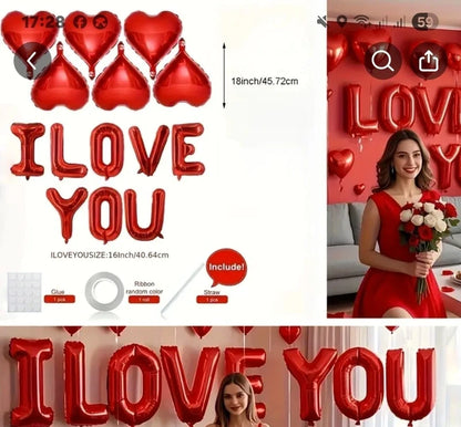 Dekorationsbeispiel mit roten Herzballons und I LOVE YOU Buchstaben