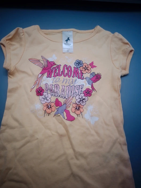 Gelbes Palomino Kinder-T-Shirt Größe 98 mit Kolibris und Blumen, Vorderseite