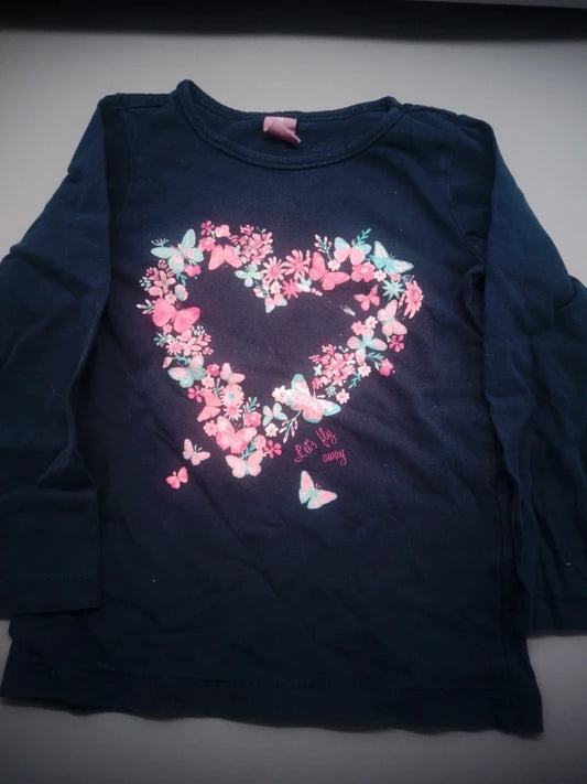 Marineblaues DopoDopo Kinder-Sweatshirt Größe 98 mit buntem Blumenherz, Vorderseite