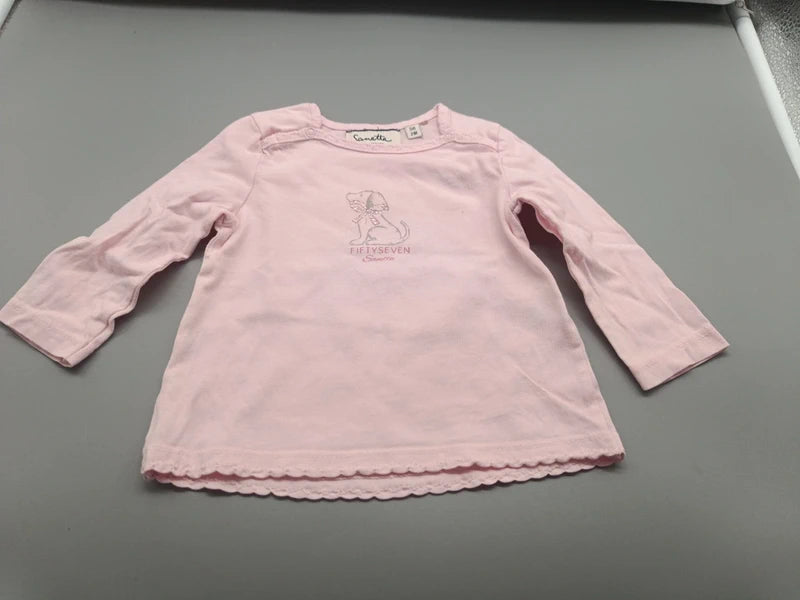 Roséfarbenes Sanetta Baby-Langarmshirt Größe 56 mit Hundemotiv, Vorderseite