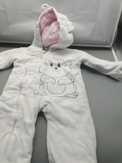 Weißer Topomini Baby-Overall Größe 56 mit Kapuze und Tiermotiv, Vorderansicht
