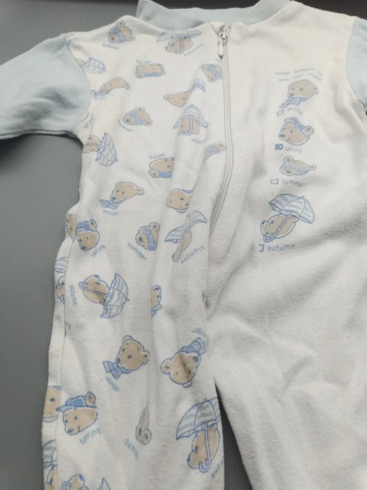 Detailaufnahme des Bärchen-Jahreszeitenmotivs auf dem weißen Baby-Schlafanzug in Größe 56