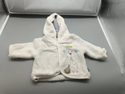 Weiße Bornino Baby-Kapuzenjacke Größe 50/56 mit Bärenmotiv, Vorderseite