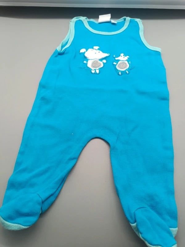 Türkisblauer Bubble Gum Baby-Strampler Größe 50/56 mit Tiermotiven, Vorderseite