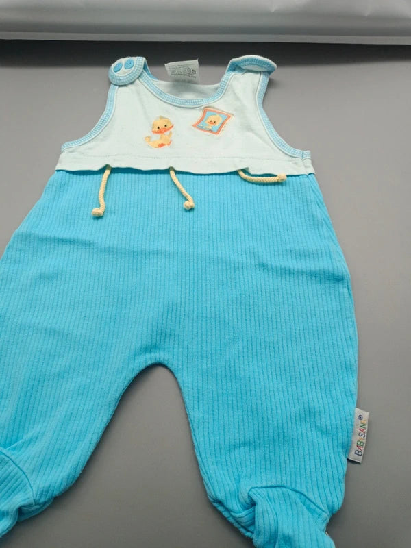 Türkis-hellblauer Babysana Strampler Größe 50/56 mit Kükenmotiven, Vorderseite
