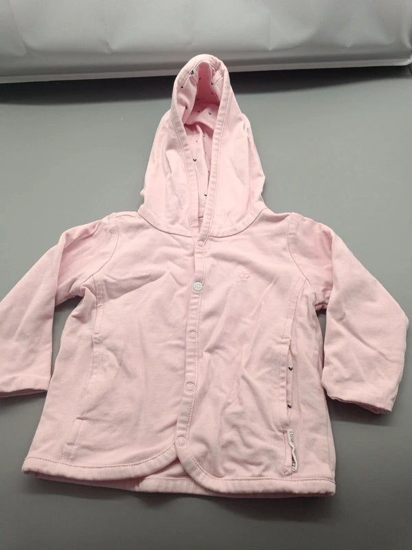 Geöffnete rosa Nopples Babyjacke Größe 50/56 mit Kapuze und gemusterter Innenseite