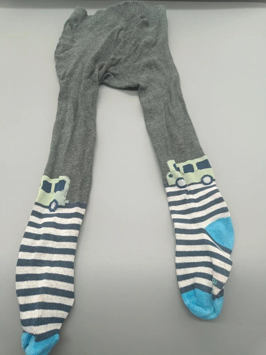 Dunkelgraue Topomini Kinderstrumpfhose Größe 86–92 mit Autos und gestreiften Füßen