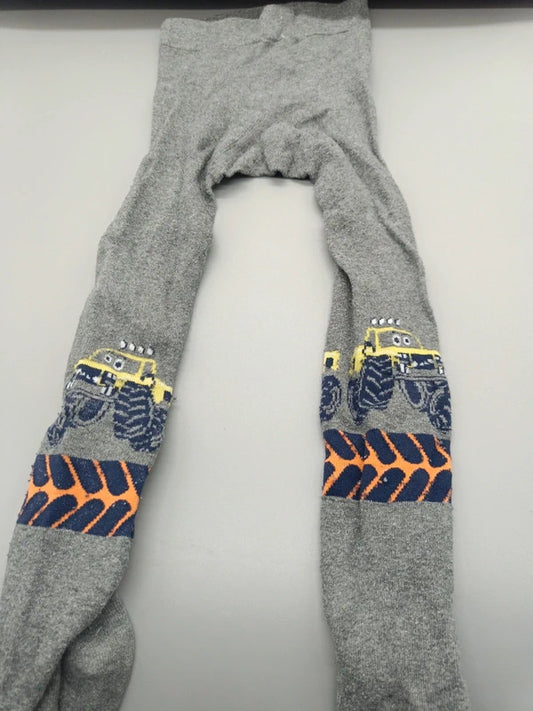 Graue Kinderstrumpfhose mit buntem Fahrzeugmotiv und orange-blauen Details in Größe 92, Vorderseite