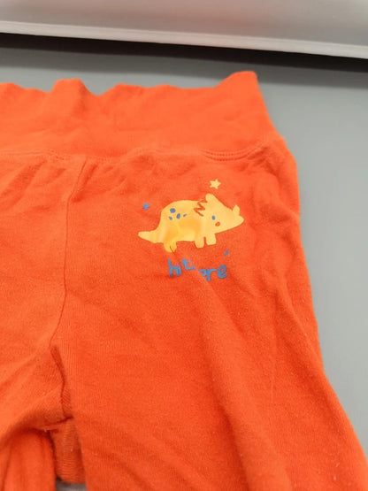 Detail des Dino-Motivs auf der orangefarbenen Lupilu Hose