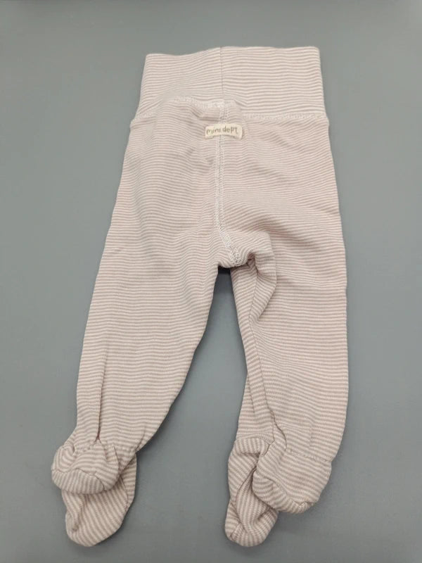 Beige-weiß gestreifte Baby-Schlupfhose Größe 56 mit hohem Bund und Füßchen, Vorderseite