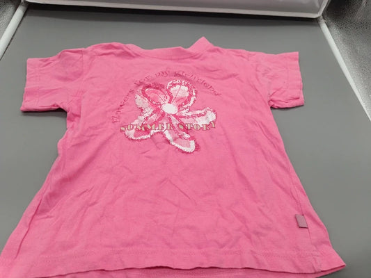 Pinkfarbenes Mädchen-Shirt mit glitzerndem Blumenmotiv in Größe 116, Vorderseite