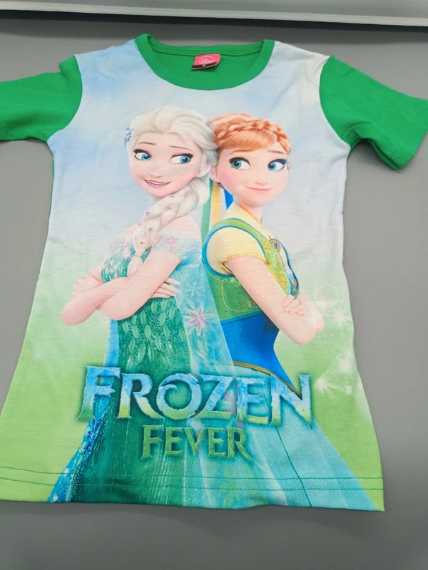Grünes Disney Frozen Fever Kinder-T-Shirt Größe 86/92 mit Elsa und Anna, Vorderseite