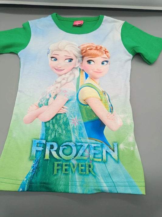 Grünes Disney Frozen Fever Kinder-T-Shirt Größe 86/92 mit Elsa und Anna, Vorderseite