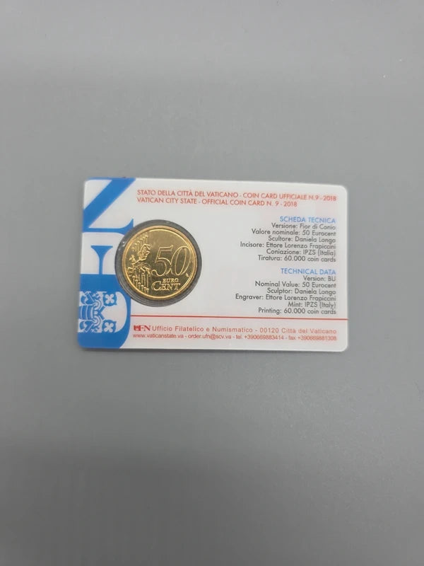 Rückseite der Vatikan Coincard 2018 mit 50-Cent-Münze